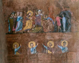 Detail eines Folios aus dem Codex Purpureus Rossanensis, griechische Evangelistenminiatur in einem Skriptorium wahrscheinlich aus Antiochia in Syrien oder Caesarea Palestina. Aufbewahrt im Diözesanmuseum von Rossano